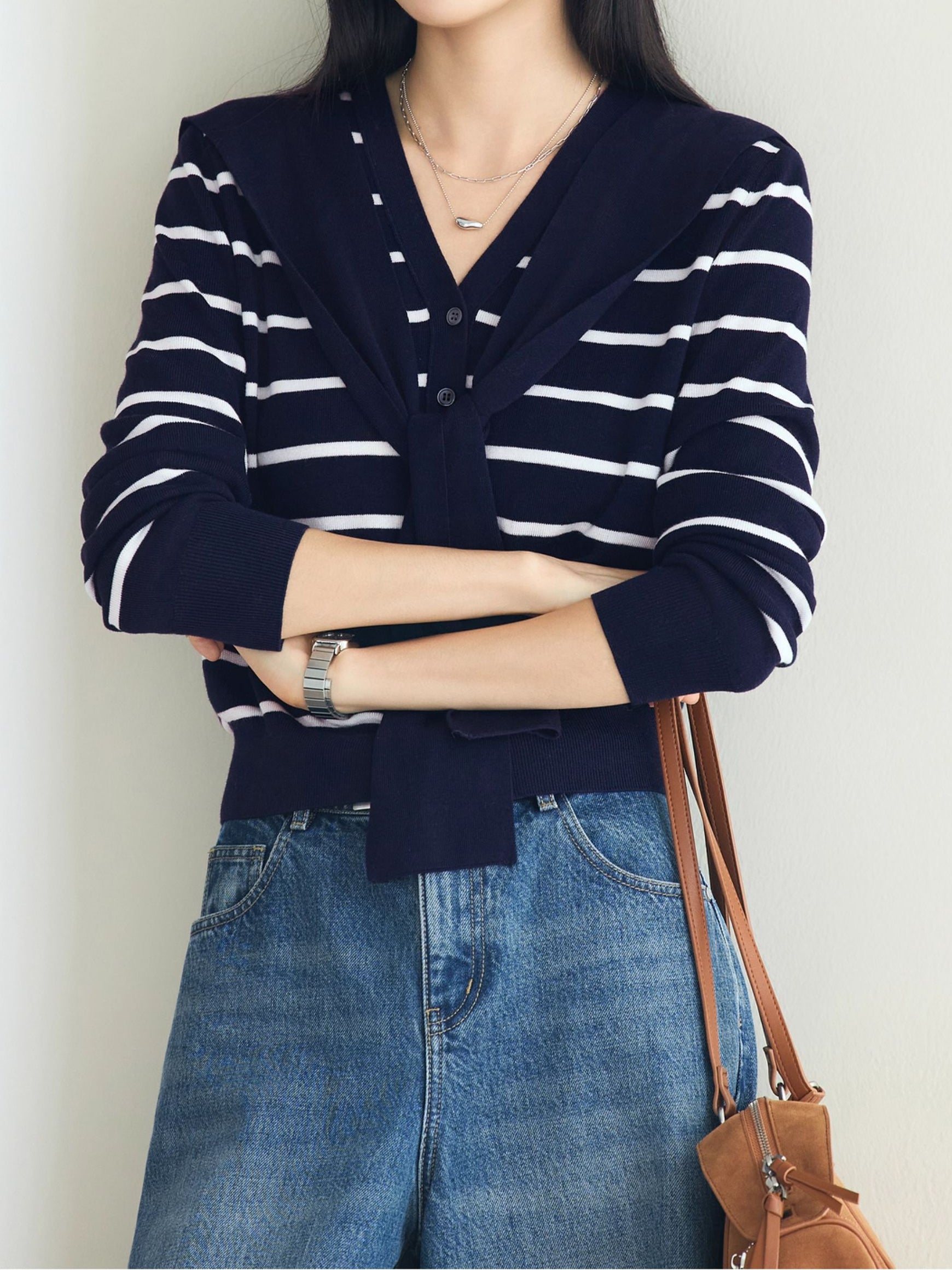 Striped cardigan with shoulder knit (2 colors)