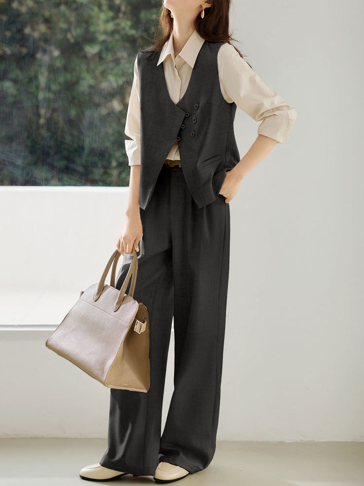 Asymmetrical Button Design Vest + Wide Pants Set (3 Colors)
