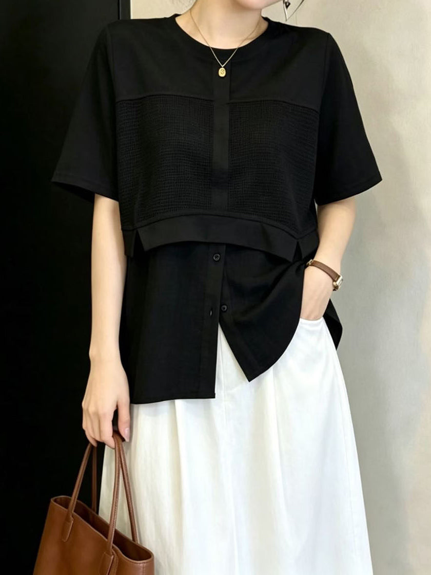 Mesh Layered Shirt Hem T-shirt, 2 Colors