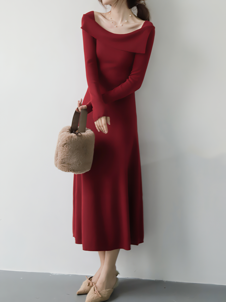 Flap cut open collar knit dress (5 colors)