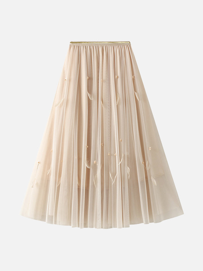 Beaded Feather Design Flared Tulle Skirt - Available in 6 Colors