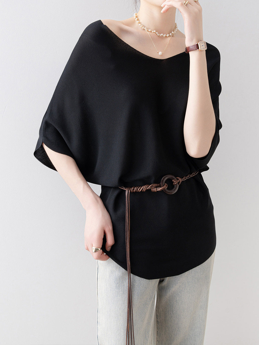 V-Neck Buckle Belt Dolman Knit Sweater (4 colors)
