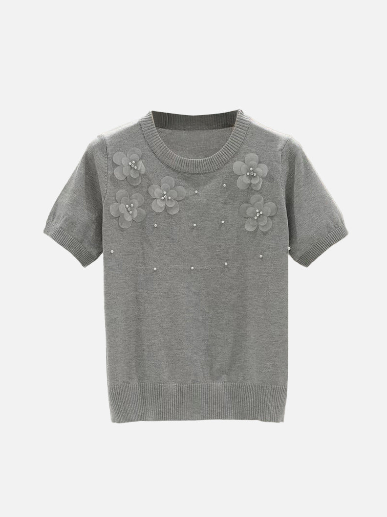 Flower Bead Short Sleeve Knit 3 Colors