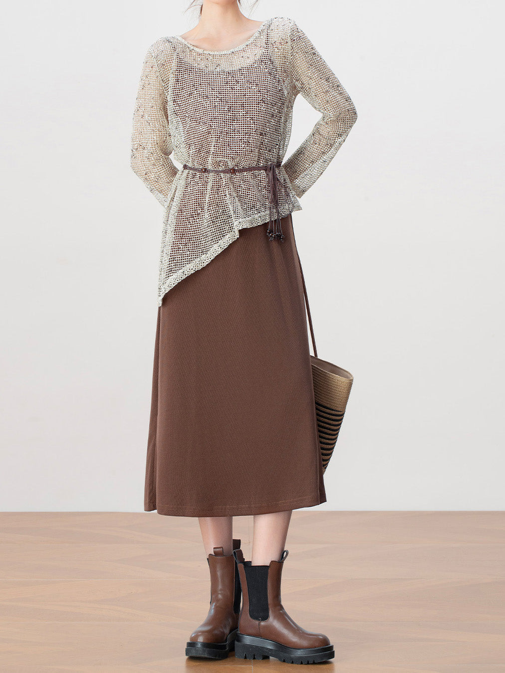 Asymmetrical Hem Sheer Net Top + Cami Dress Set (2 Colors)