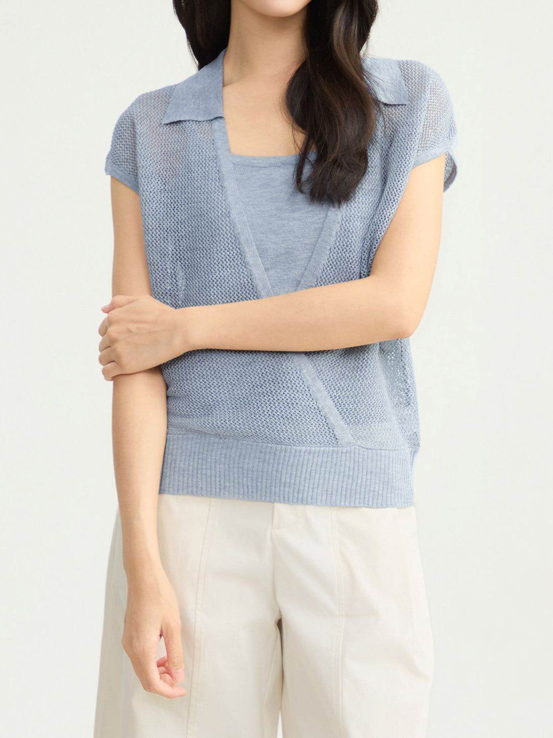 キーネックカシュクールネットトップス＋ニットキャミアンサンブル - SonderSable
