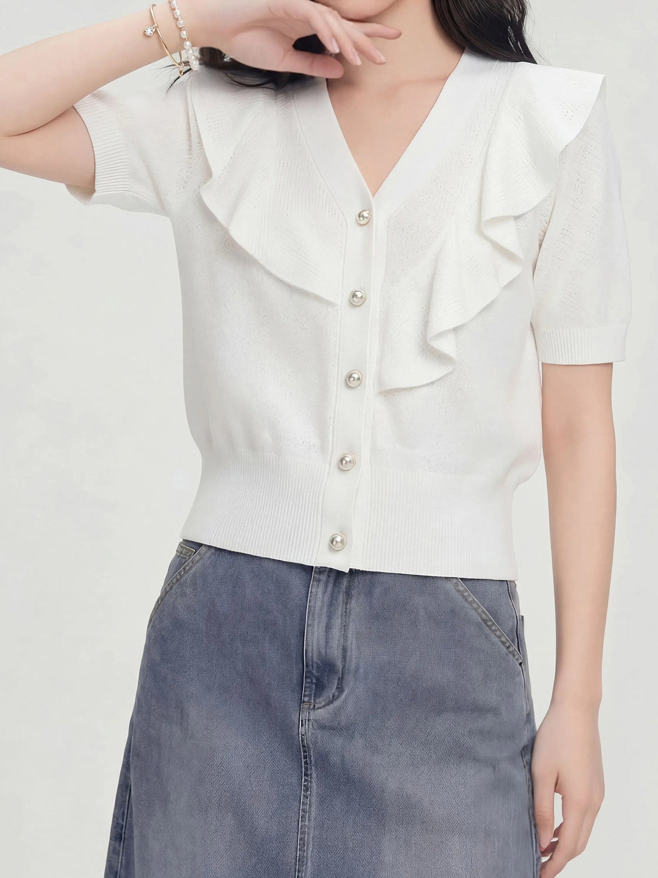 Asymmetrical Frill Design Short-Sleeve Knit (2 Colors)