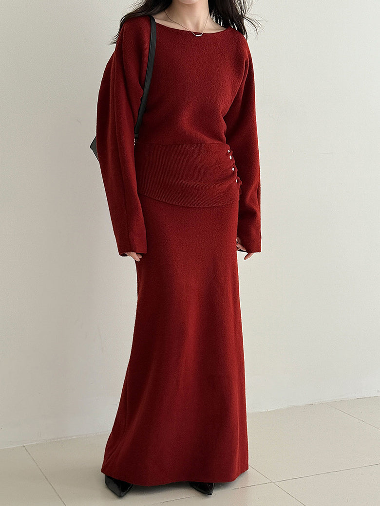 Side Button Waist Knit + Long Knit Skirt Set (4 Colors)