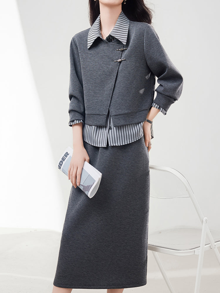 Cross design striped layered sweatshirt + air cotton tight skirt set