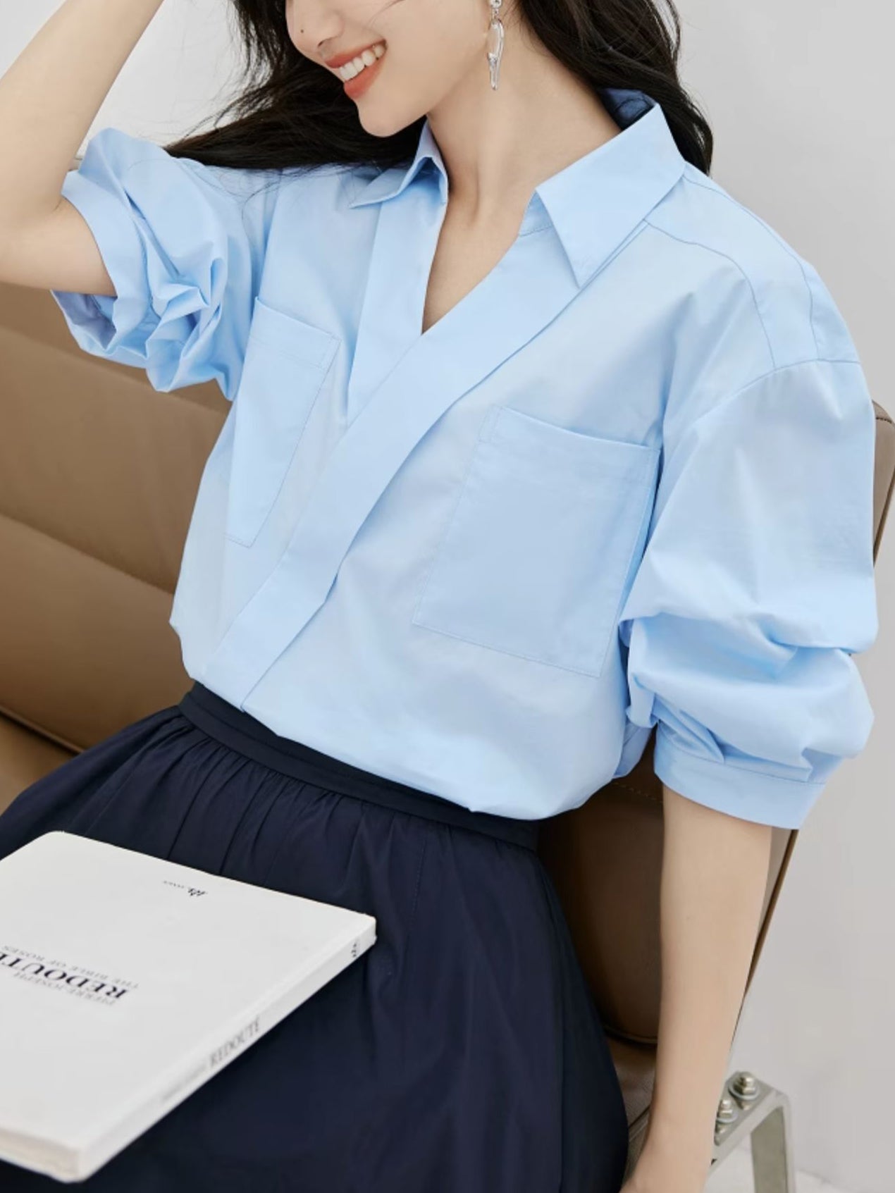 Skipper collar croissant sleeve shirt in 2 colors