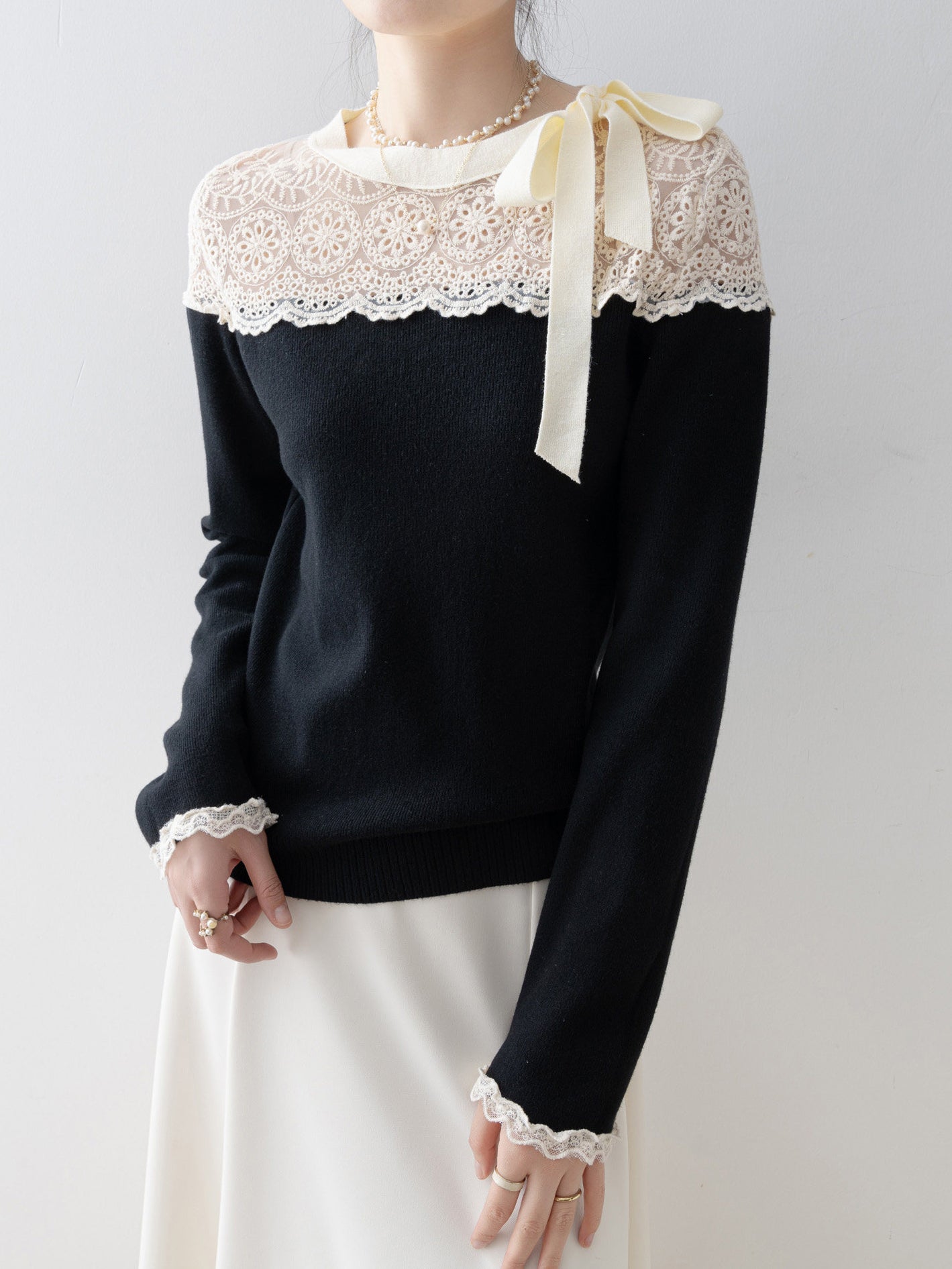 <先行公開>サイドリボンレースドッキングニット　3色入 - SonderSable