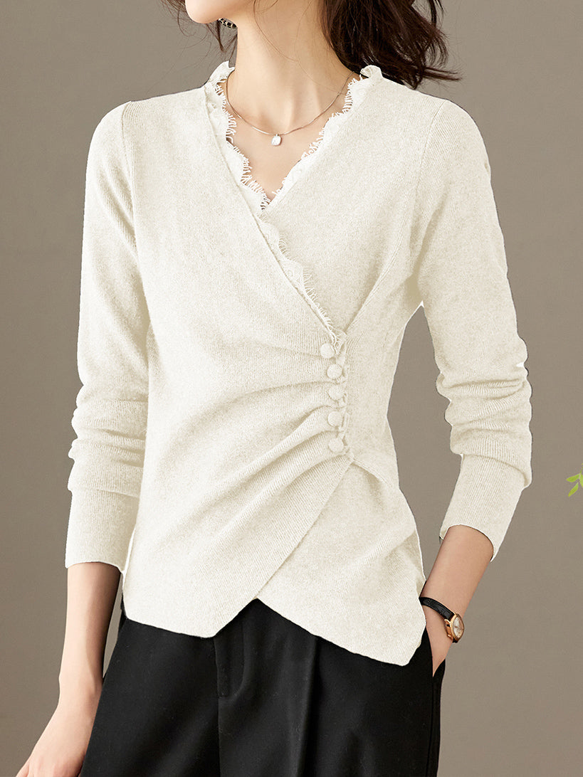 レースドッキングクロスデザインサイドボタンニット　3色入