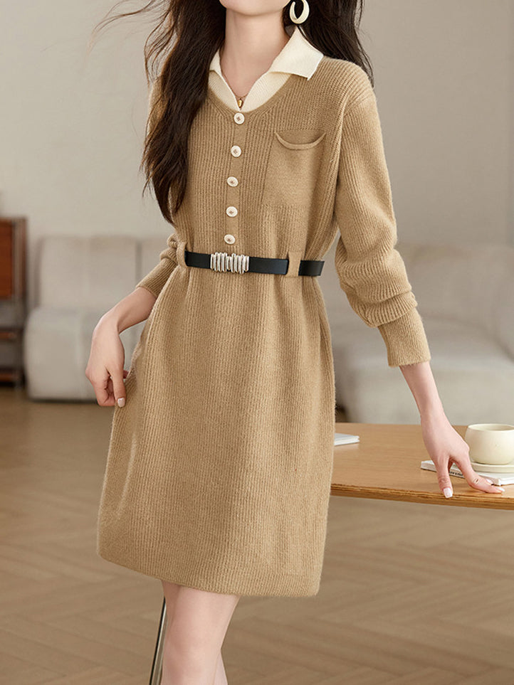 革ベルト付き配色襟ニットワンピース　3色入 - SonderSable
