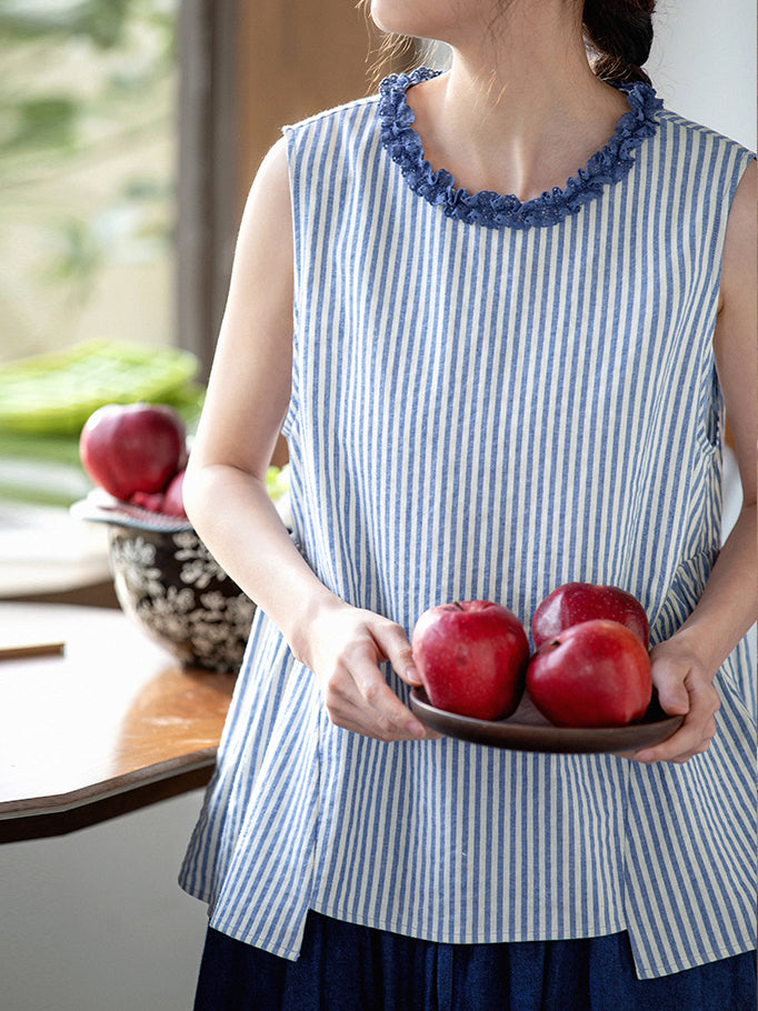 Frill collar striped sleeveless blouse in 2 colors