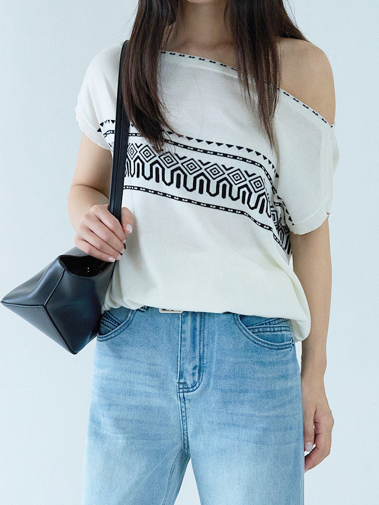 Sabrina-Neck Ethnic Print Knit, 2 Colors