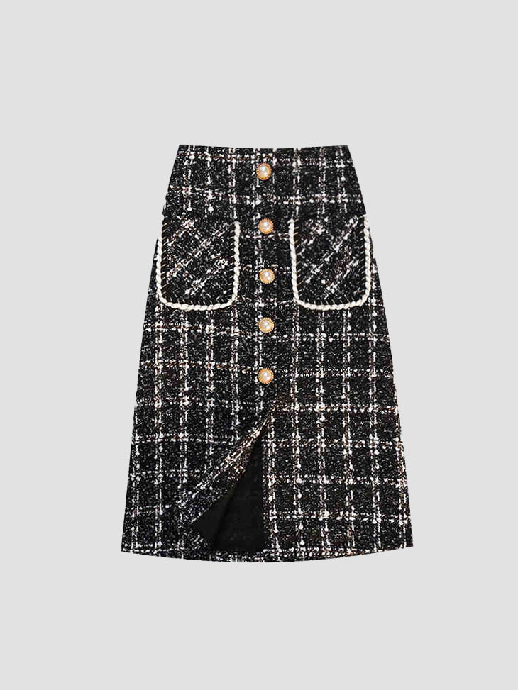 Front jewel button tweed check skirt in 2 colors