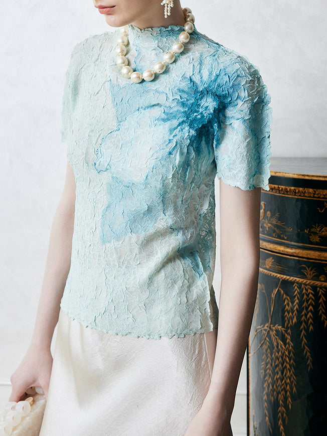 High neck flower wrinkled cut and sew, 6 colors