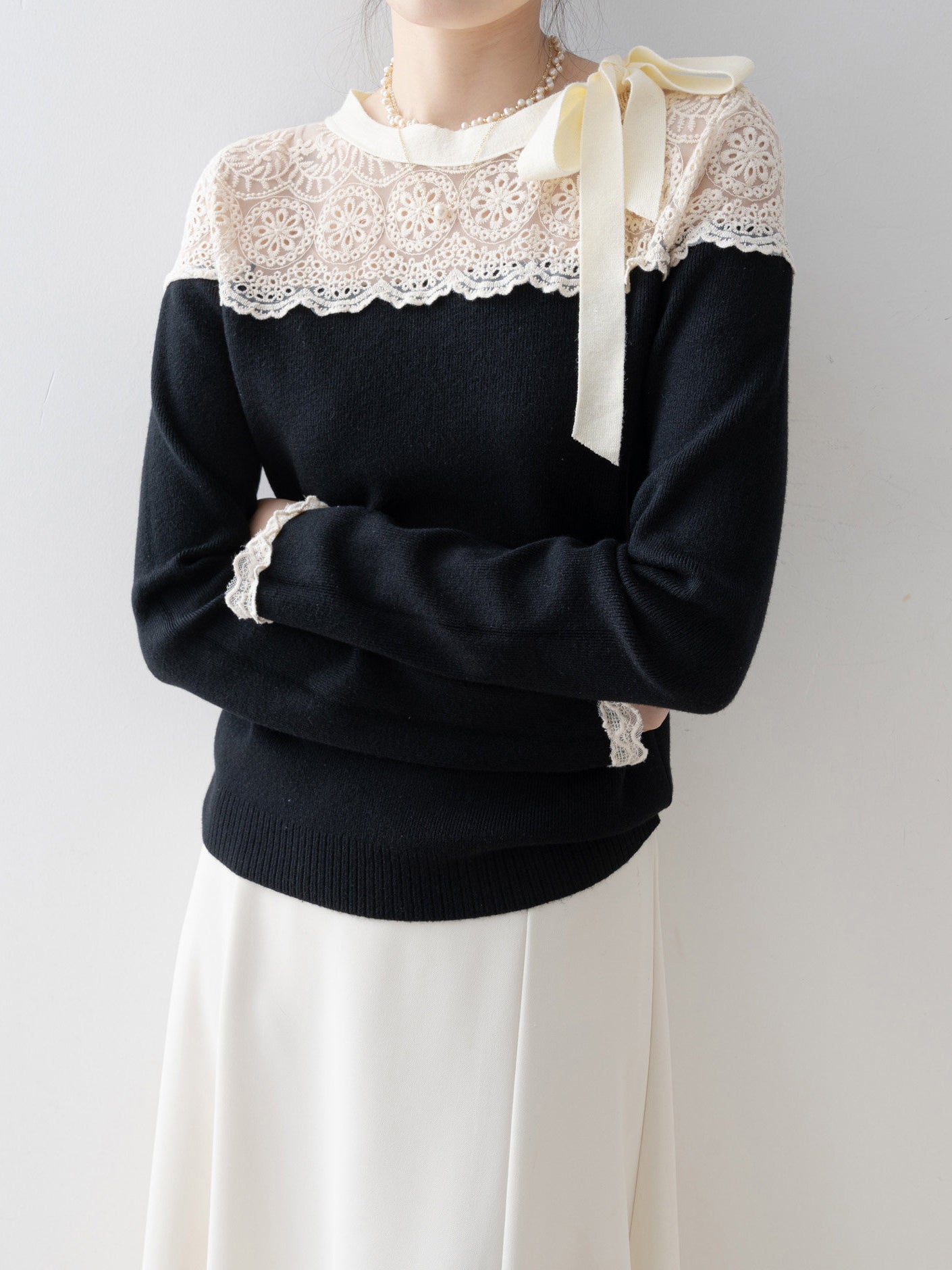 <先行公開>サイドリボンレースドッキングニット　3色入 - SonderSable