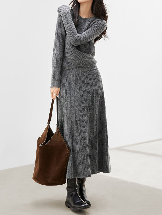 Front cross design rib knit + rib knit flared skirt set (2 colors)