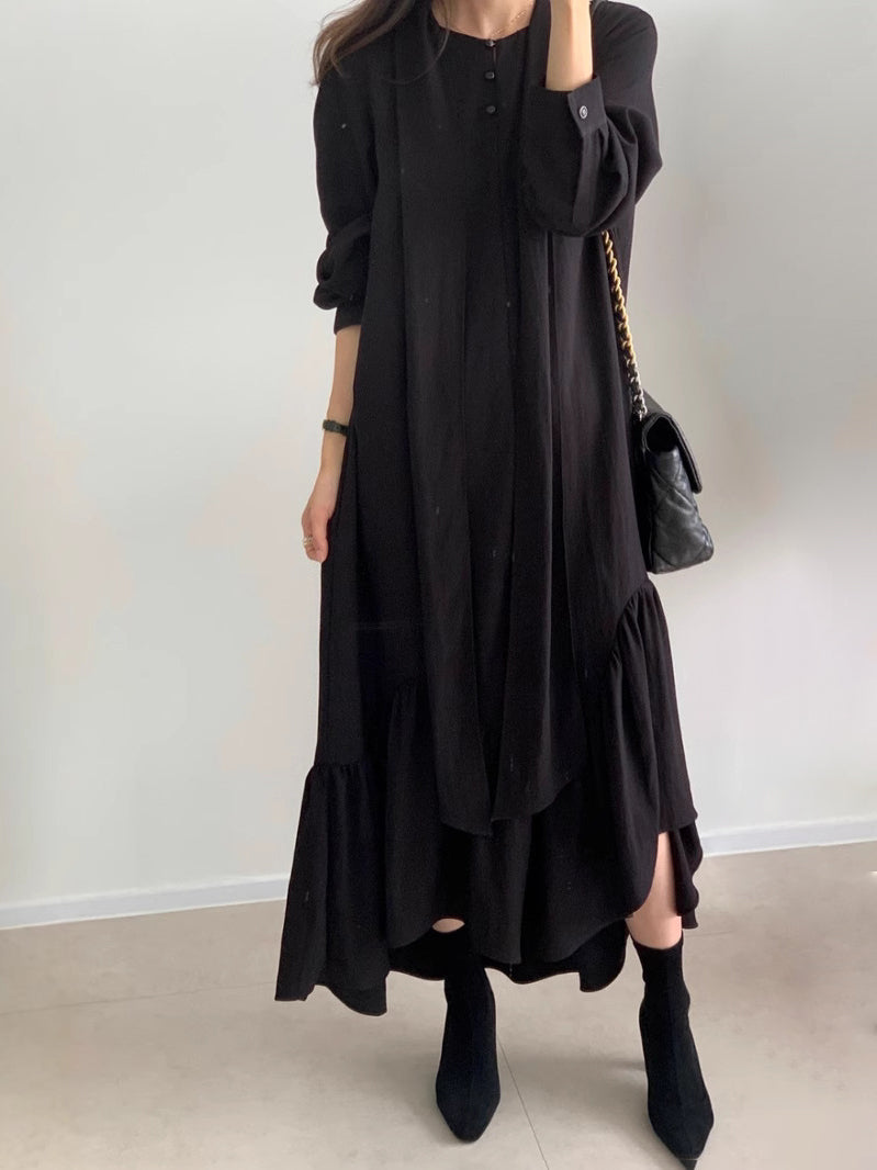 Irregular docking pleated long dress with tie, 2 colors