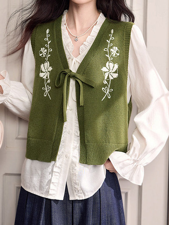 刺繍デザインリボンニットベスト