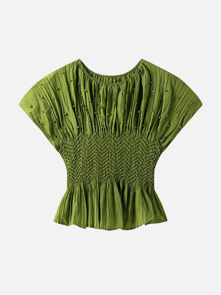 Shirred Waist Bead Fade Out Pleated Top - Available in 4 colors