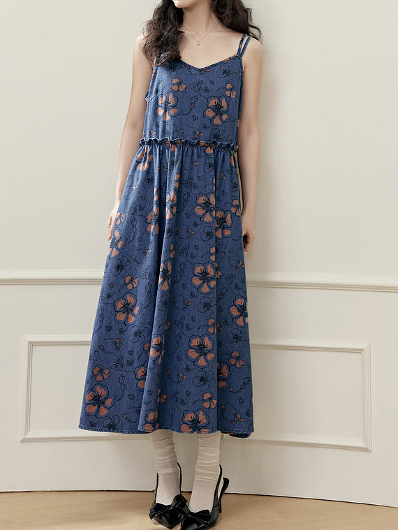 Floral Denim Cami Dress + Crochet Knit Bolero (Can be worn as a set)