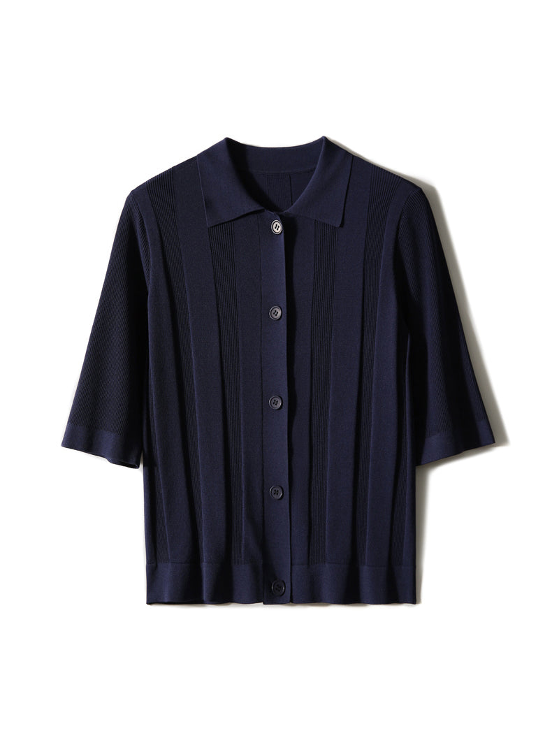 Collared random rib polo cardigan in 2 colors