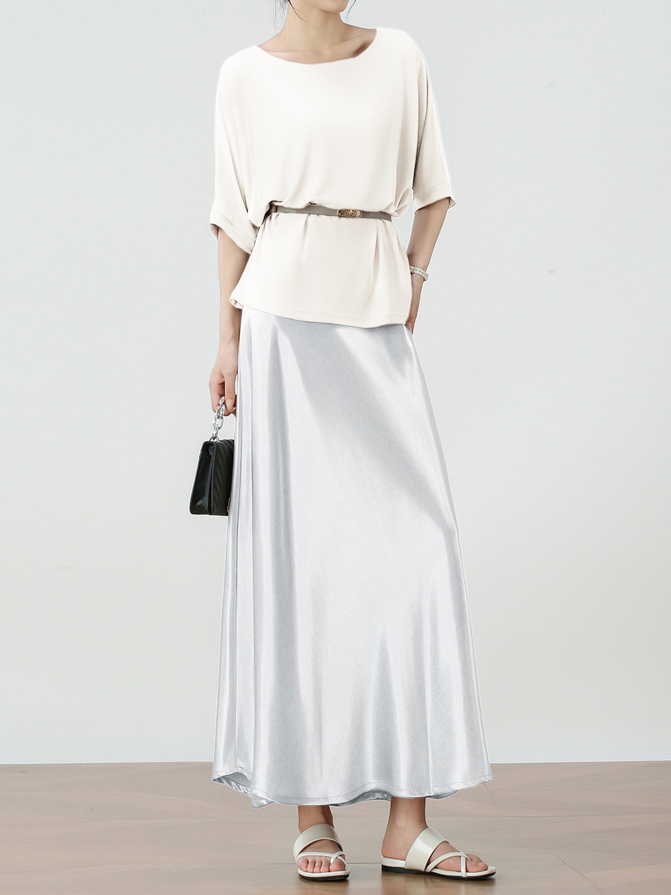 Wide-leg belted knit + glossy satin long skirt set (3 colors)