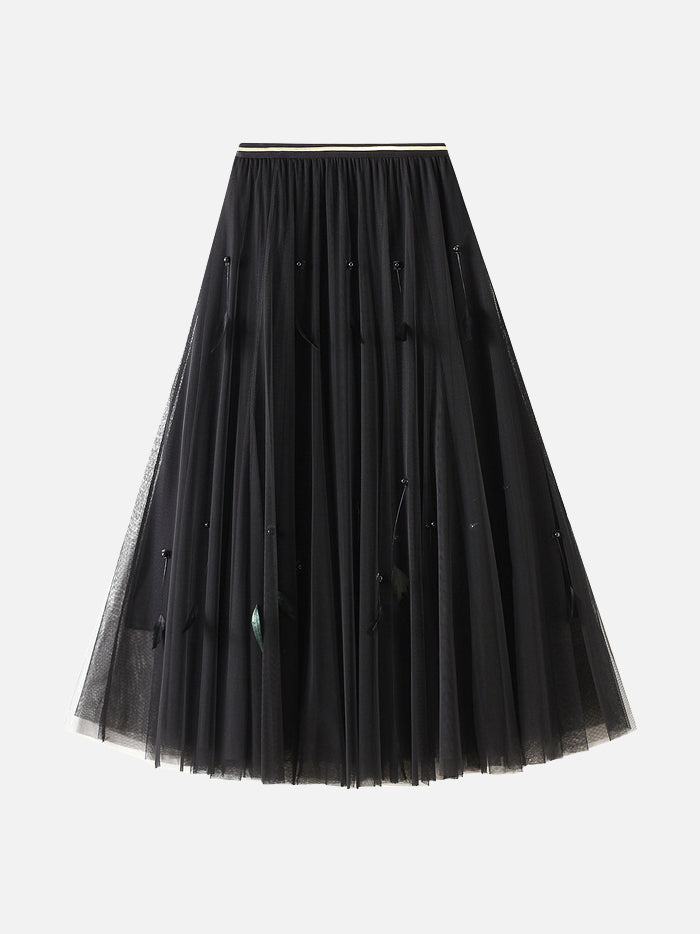 Beaded Feather Design Flared Tulle Skirt - Available in 6 Colors