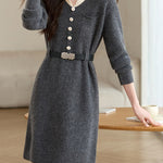 革ベルト付き配色襟ニットワンピース　3色入 - SonderSable