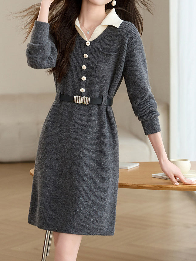 革ベルト付き配色襟ニットワンピース　3色入 - SonderSable