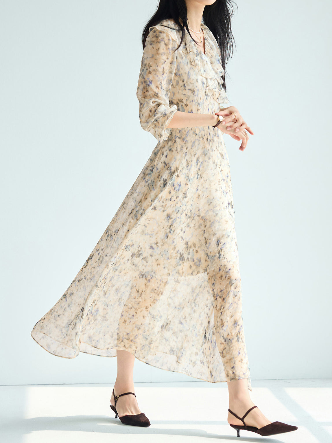 フリルフラワープリントシフォンワンピース　3色入 - SonderSable