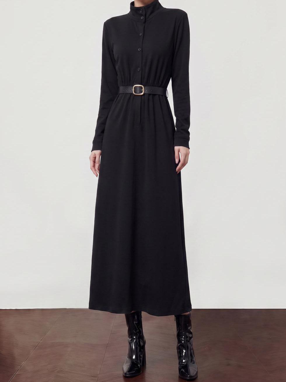 ベルト付ハイネックロングシャツワンピース