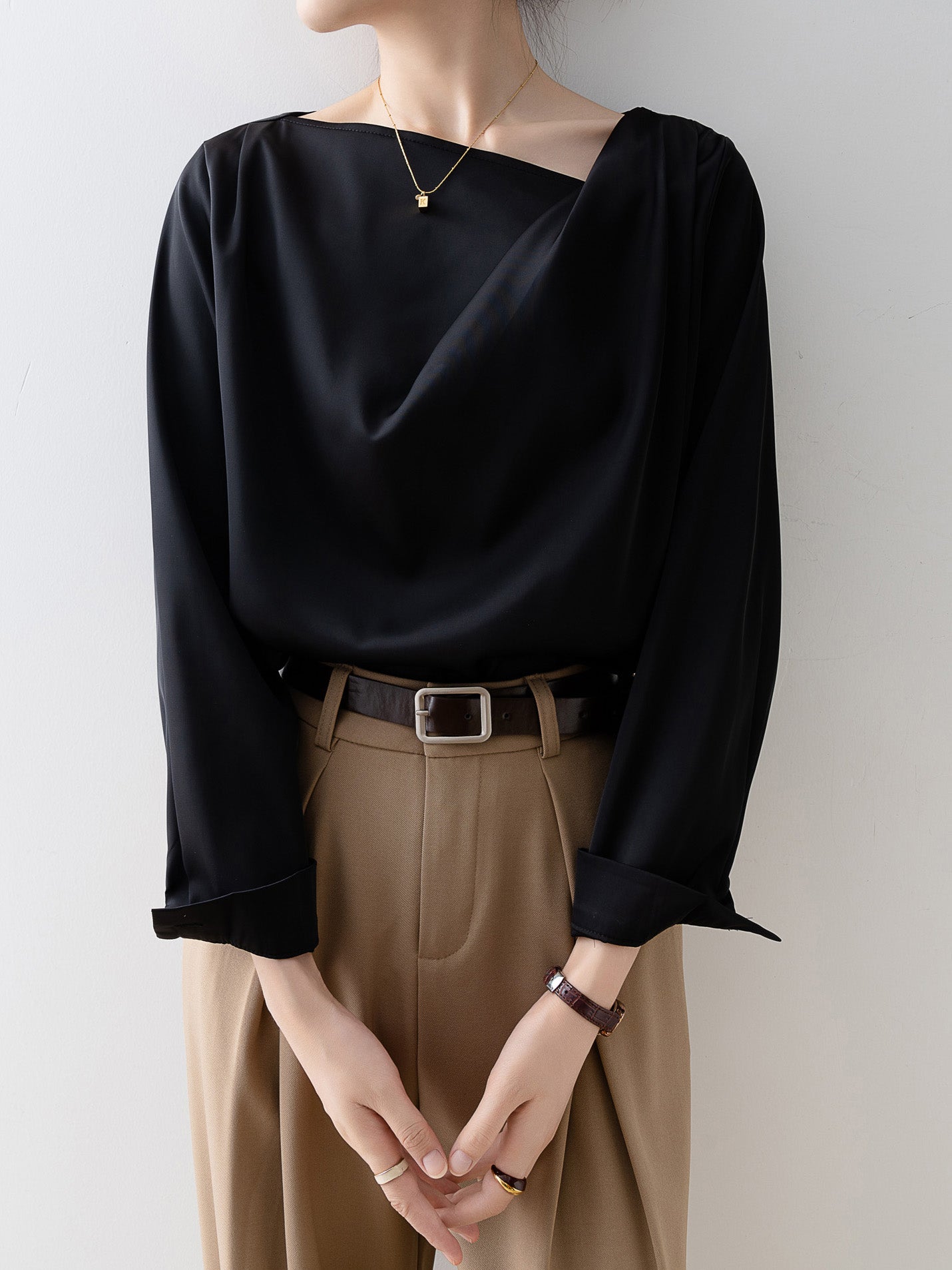 Draped neck satin blouse in 3 colors