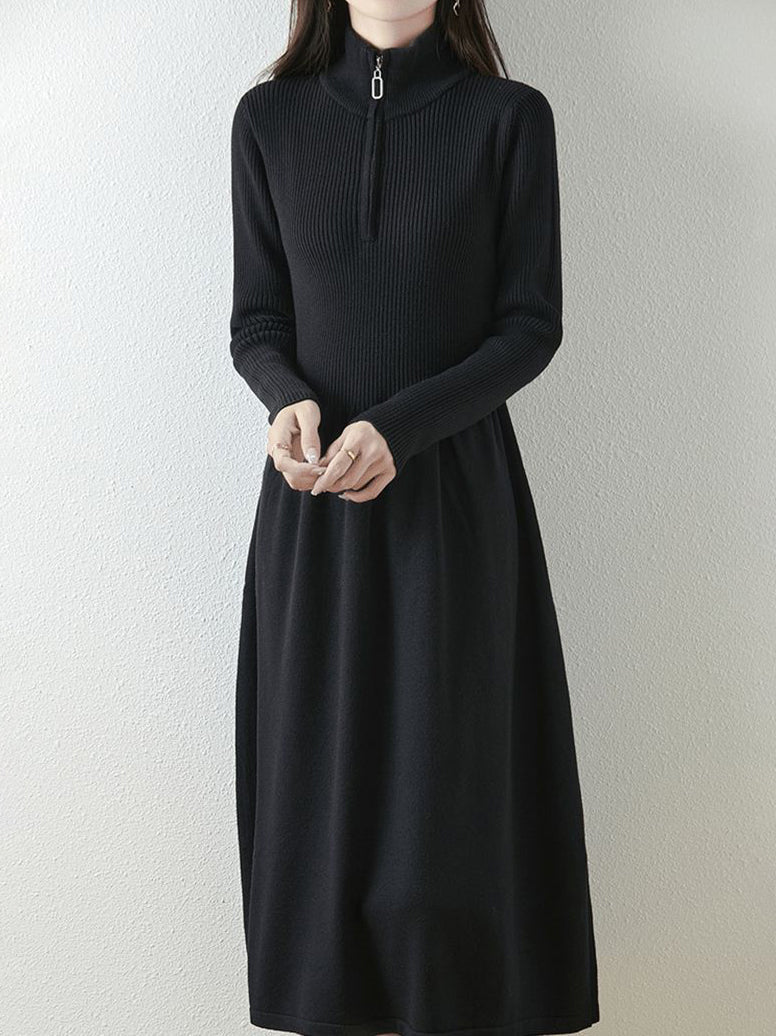 Half-Zip High-Neck Rib Knit Dress (5 Colors)