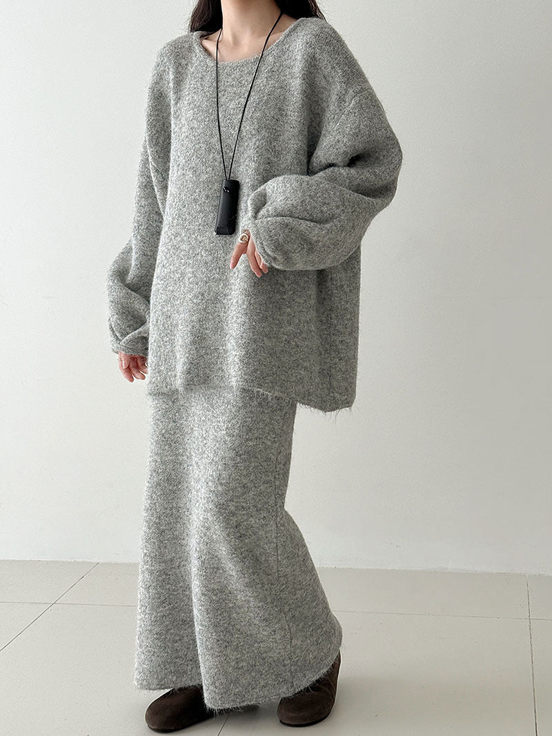 Back Button Volume Knit + Knit Flare Skirt Set (2 Colors)