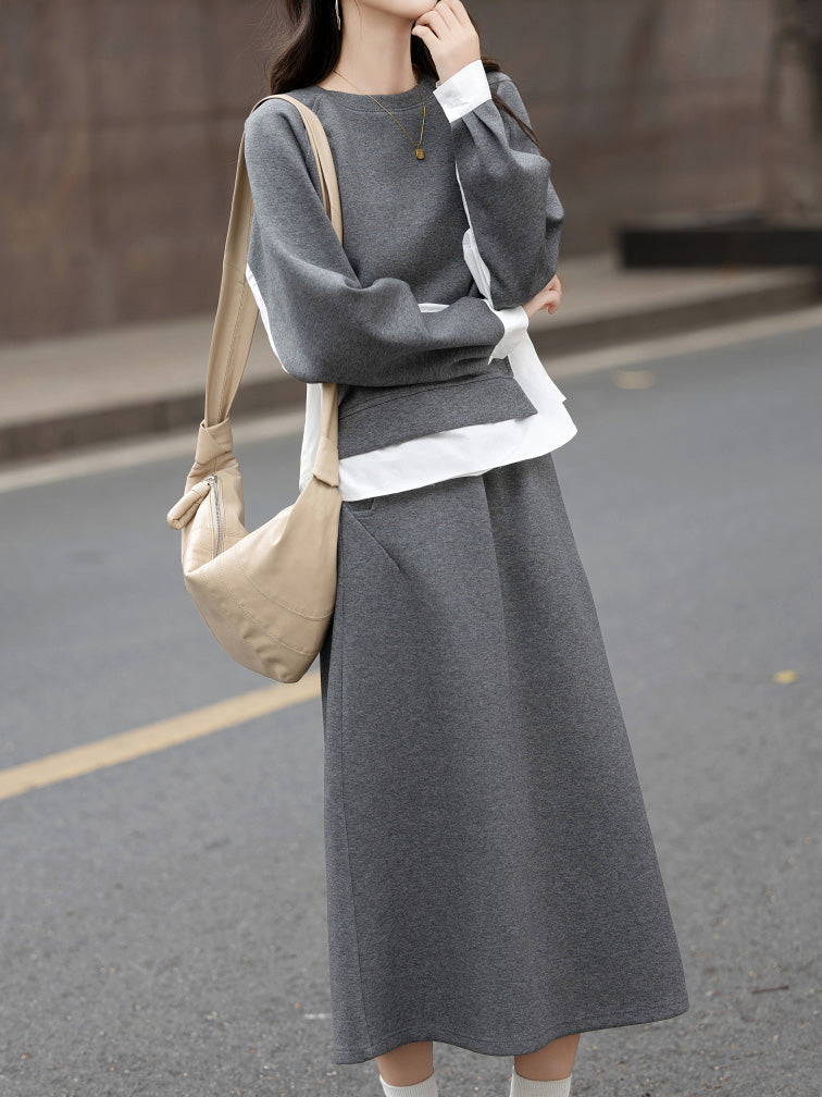 シャツドッキングスウェット＋スリットスカートSET　2色入