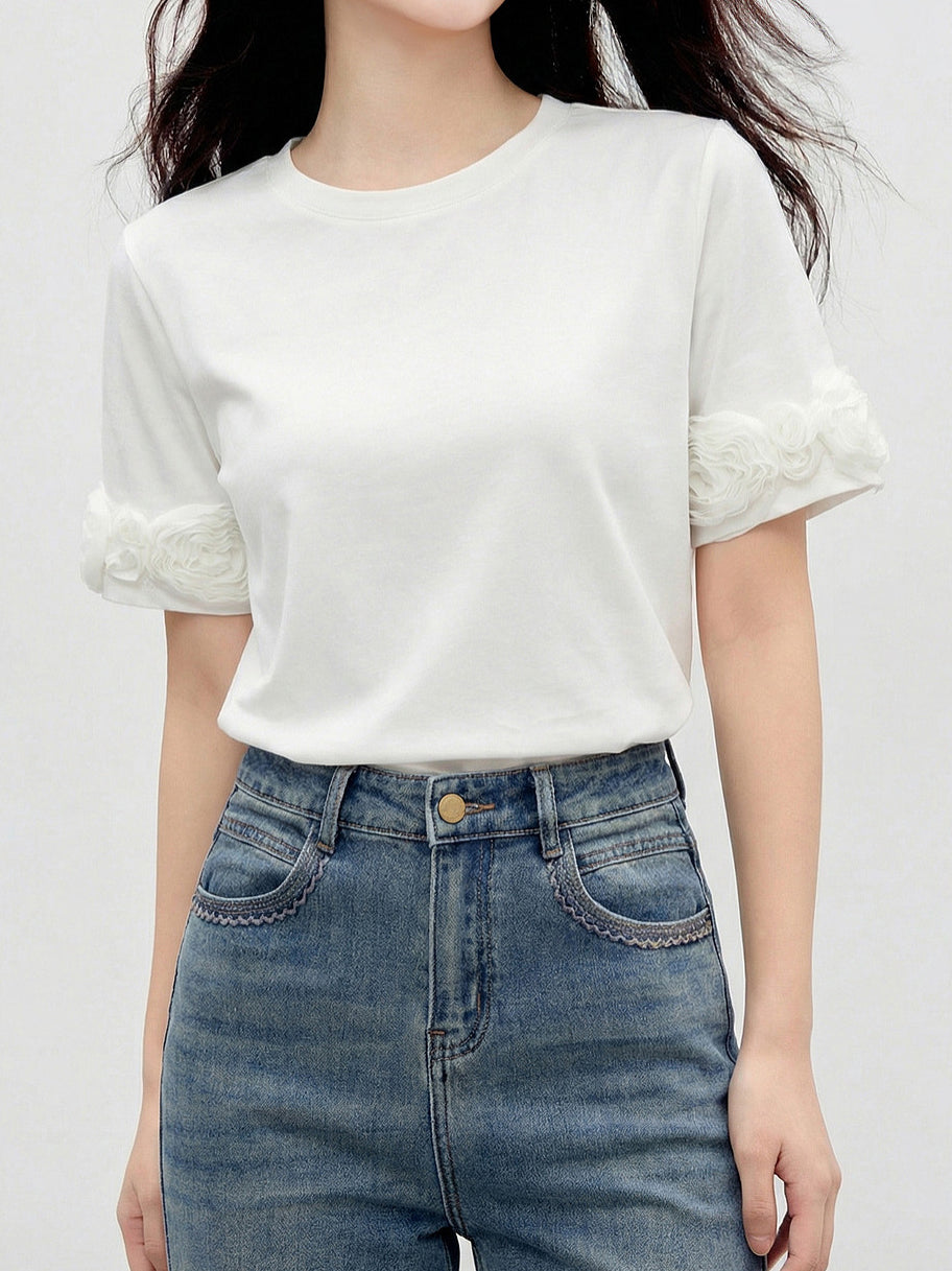 立体フラワードッキング袖Tシャツ - SonderSable