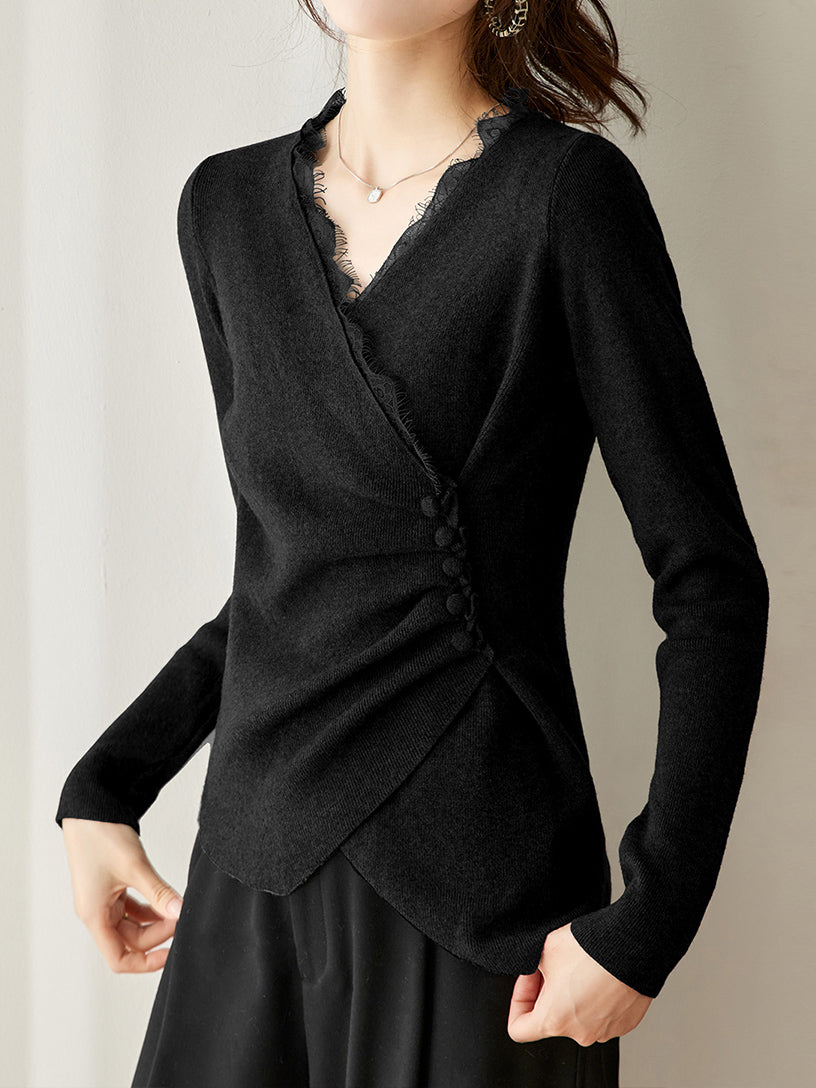 レースドッキングクロスデザインサイドボタンニット　3色入