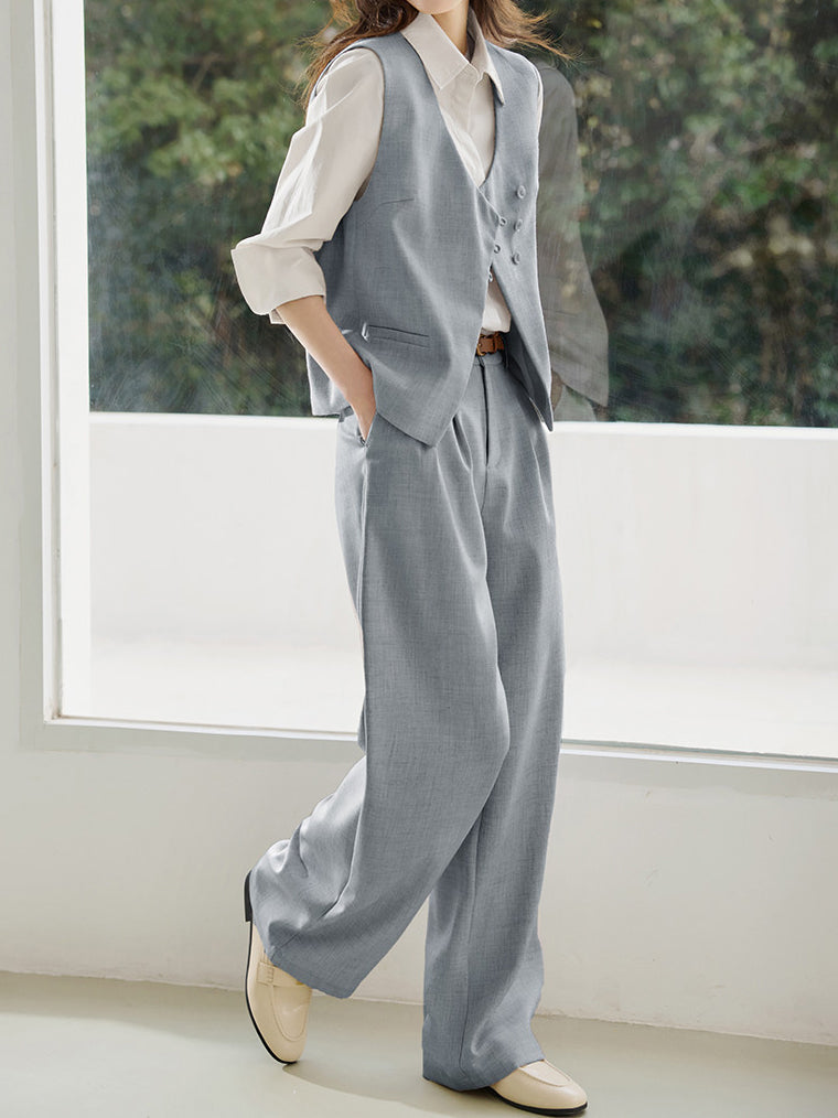 Asymmetrical Button Design Vest + Wide Pants Set (3 Colors)