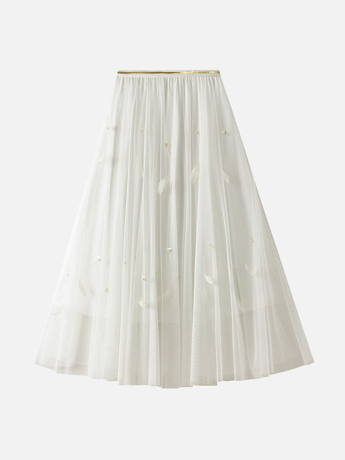 Beaded Feather Design Flared Tulle Skirt - Available in 6 Colors