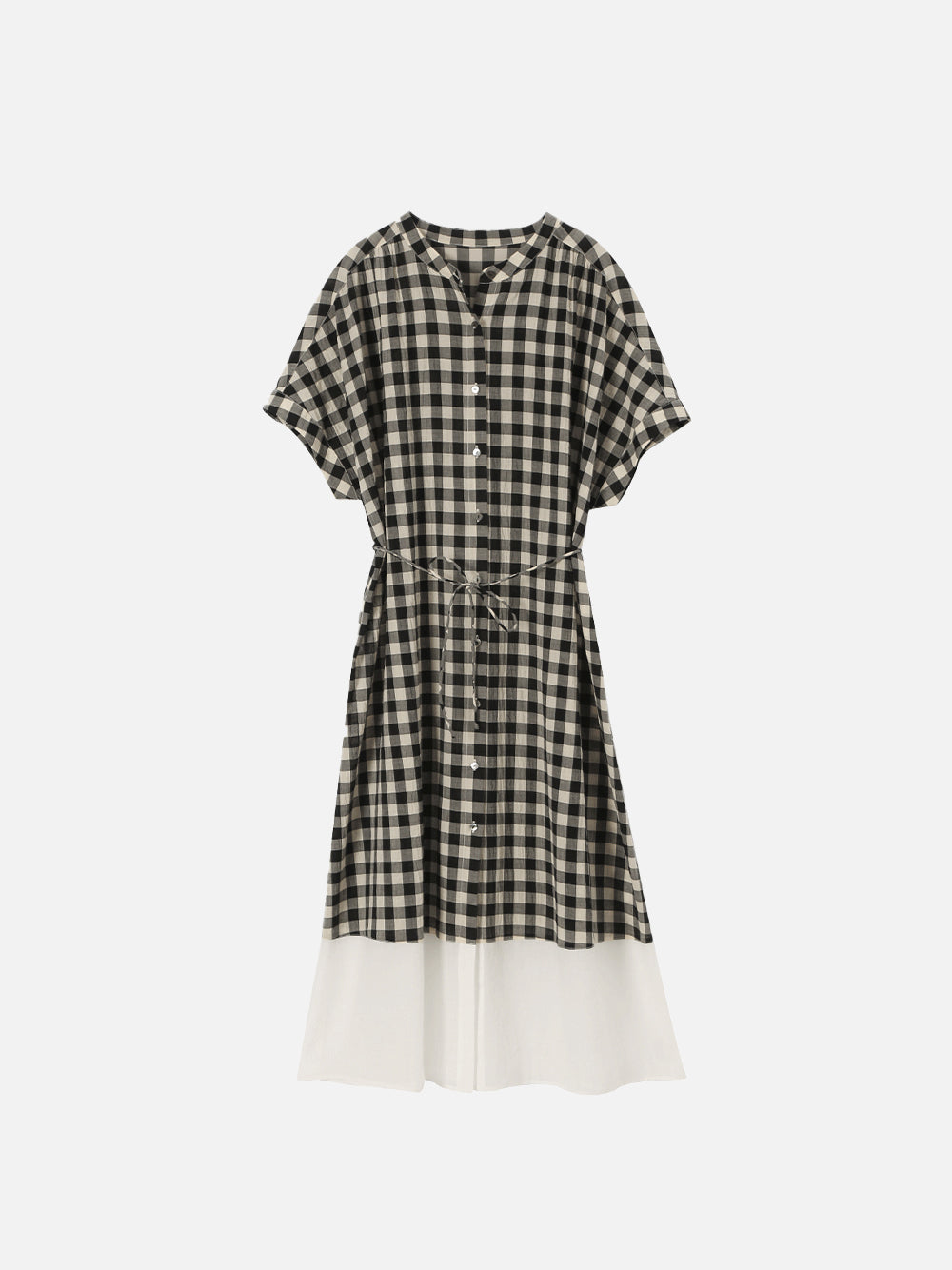 Band collar check belted dress, 2 colors