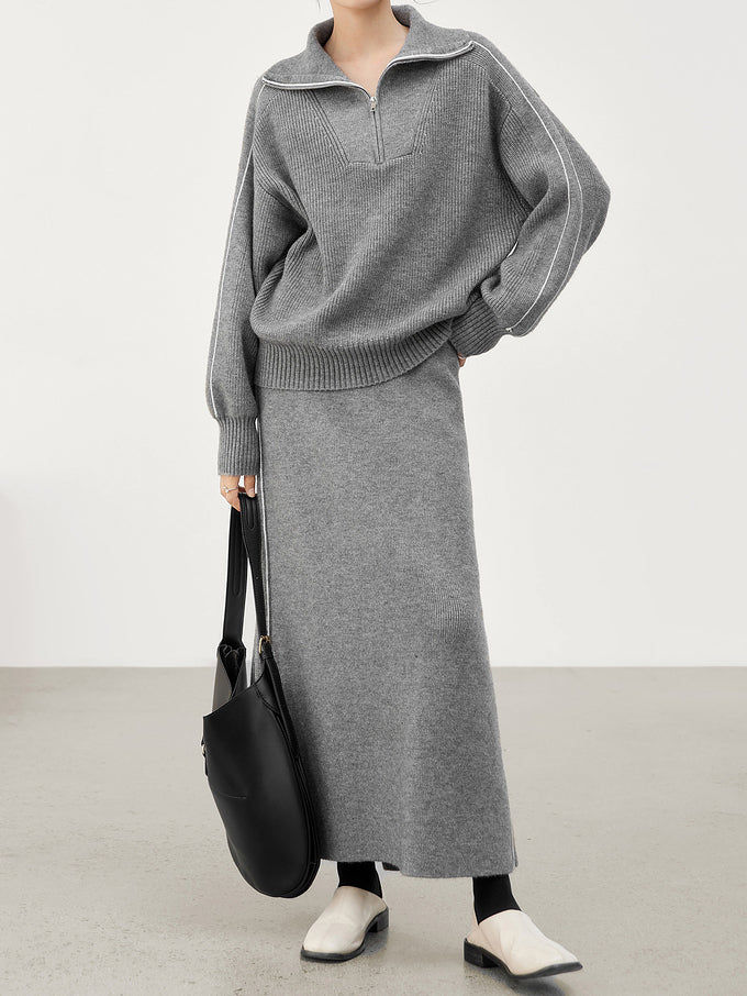 ハーフジップラインデザインニット＋ロングニットナロースカートSET　3色入