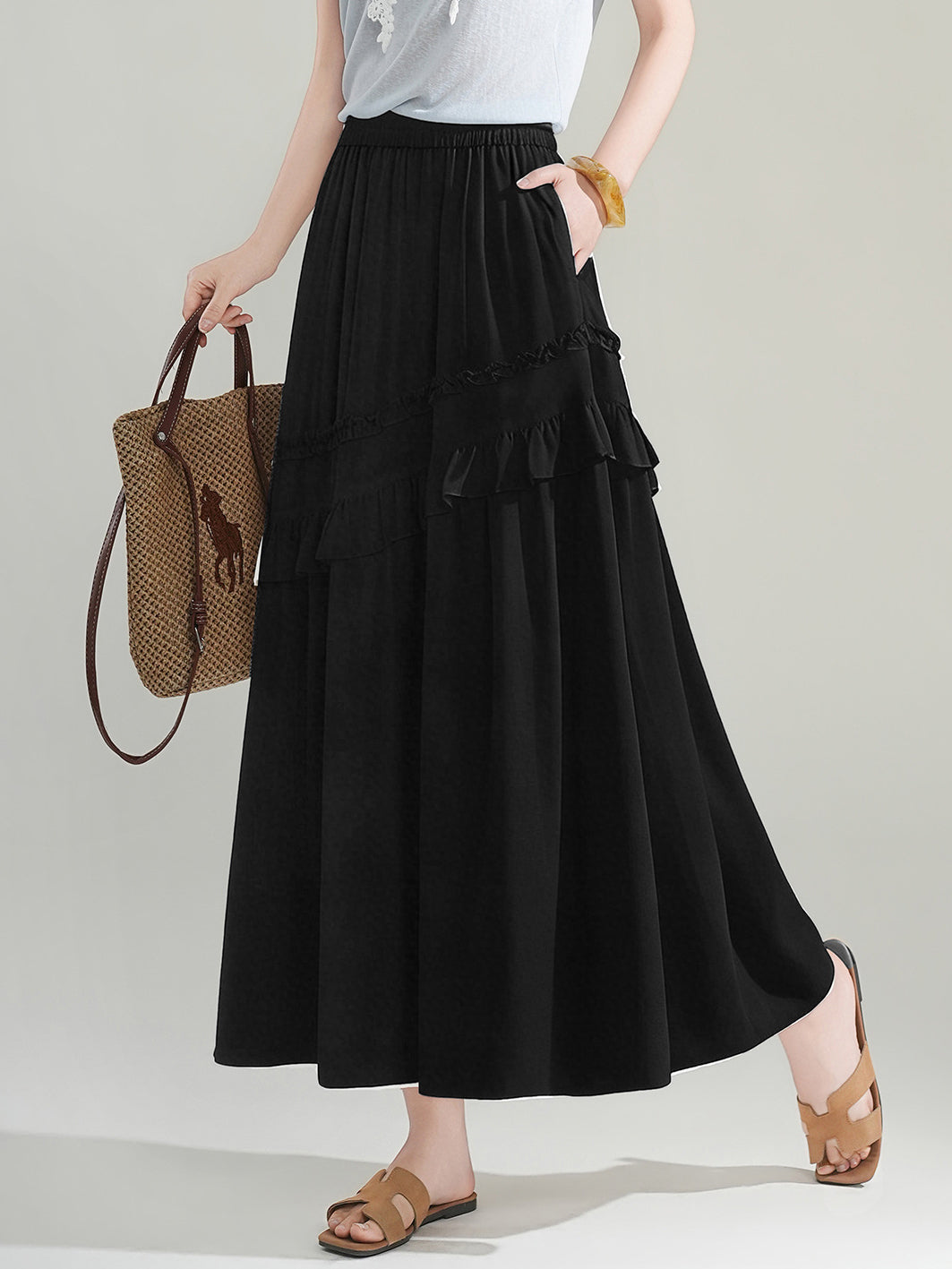 Asymmetrical Lace Frill Docking Chiffon Skirt - 3 colors
