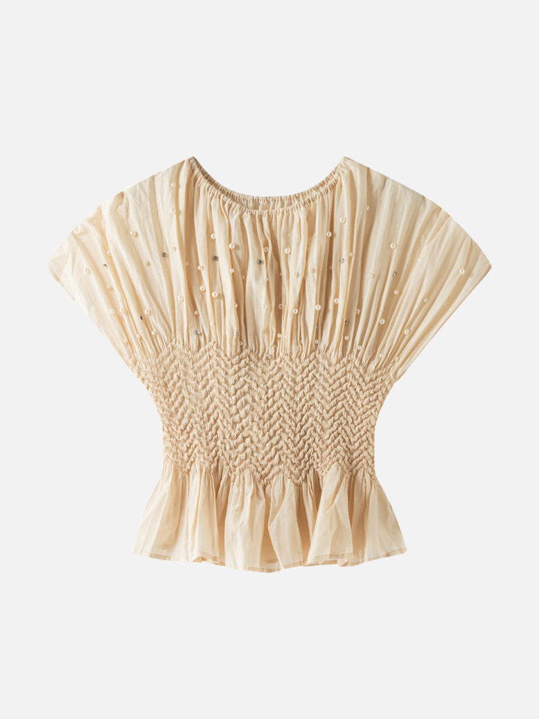 Shirred Waist Bead Fade Out Pleated Top - Available in 4 colors