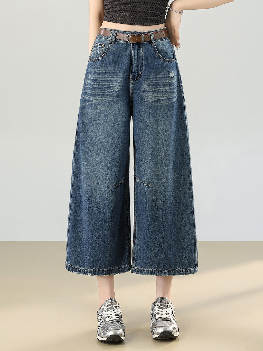 八分丈ワイドデニムパンツ　2色入