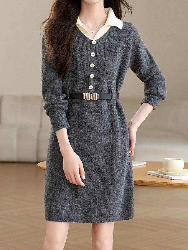 革ベルト付き配色襟ニットワンピース　3色入 - SonderSable