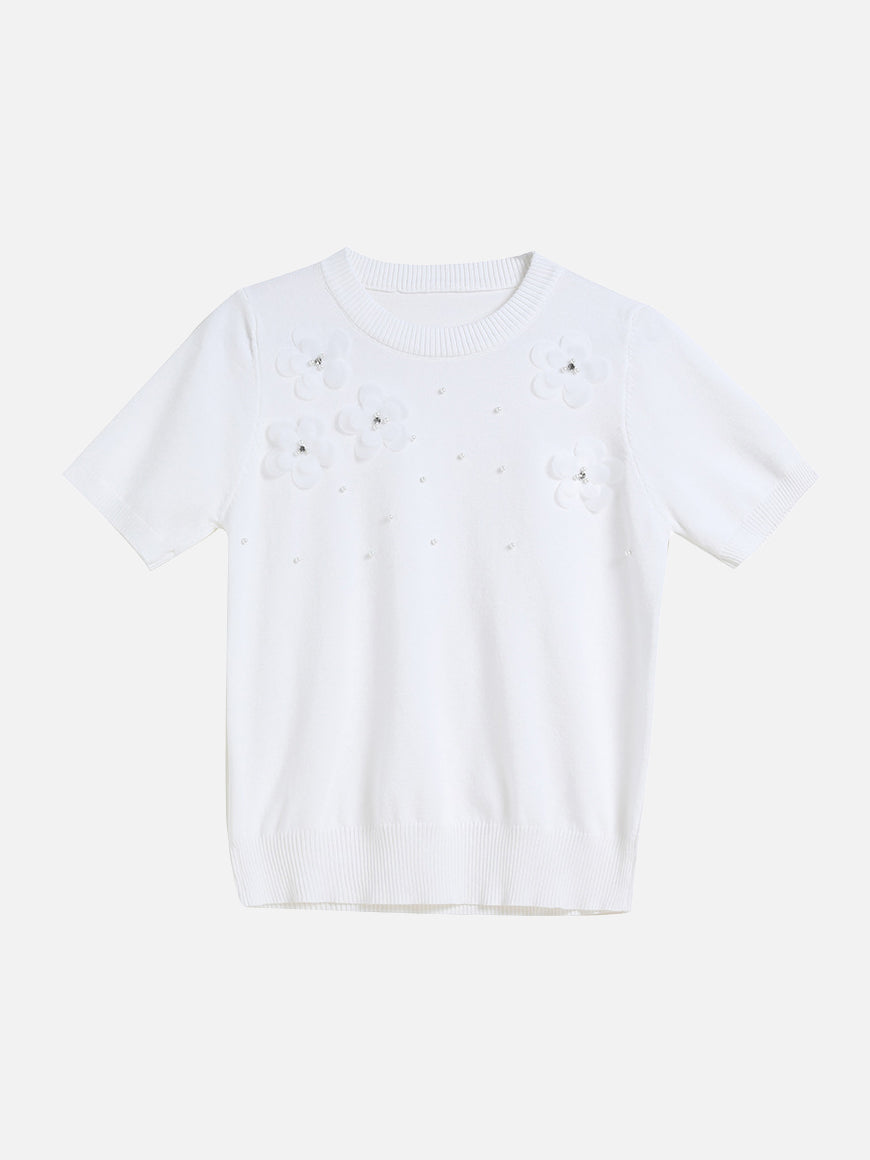 Flower Bead Short Sleeve Knit 3 Colors
