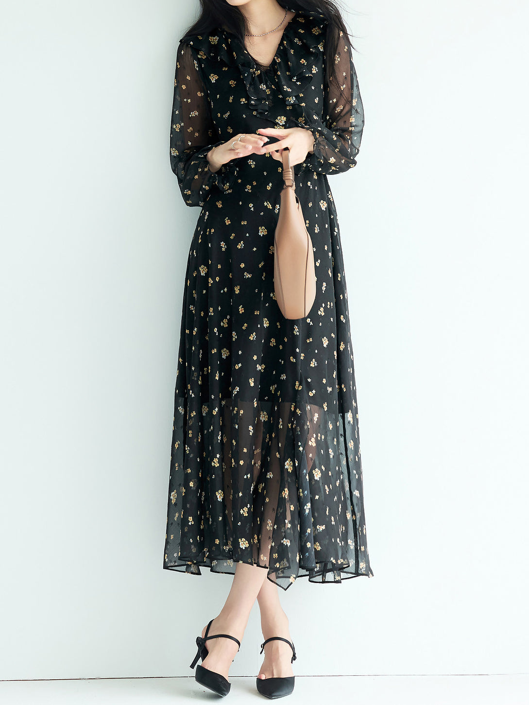 フリルフラワープリントシフォンワンピース　3色入 - SonderSable