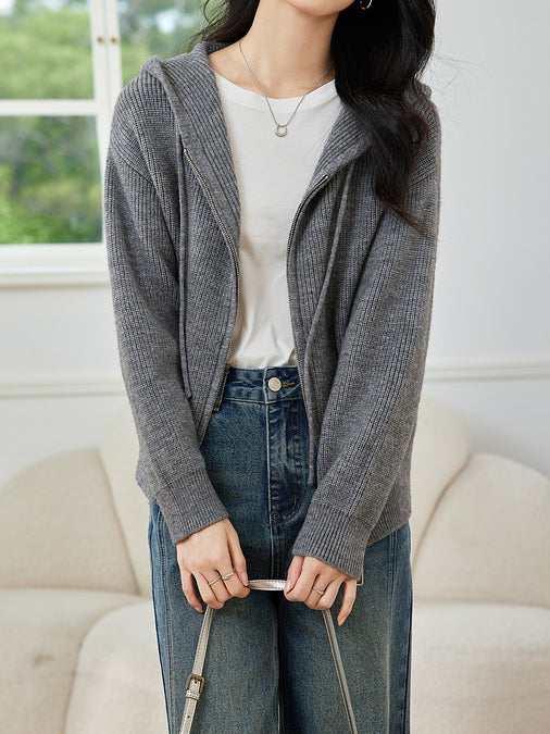 Hooded zip-up knit cardigan (3 colors)
